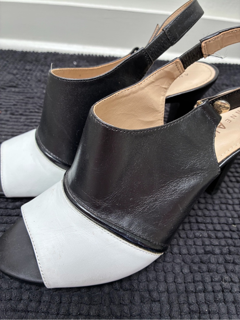 Anne Klein Black and White Peep-Toe Slingback Block Heels
